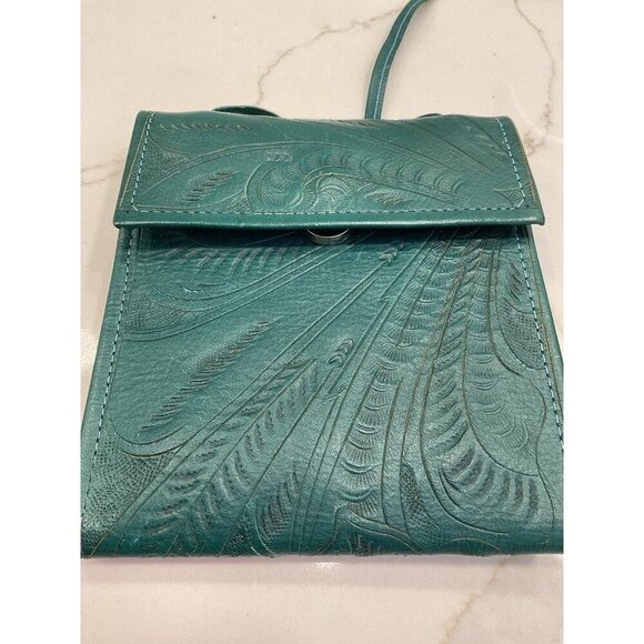 NWOT JL Saldivar Tooled Leather Hand Crafted Teal Cross Body Wallet Purse - Picture 6 of 7
